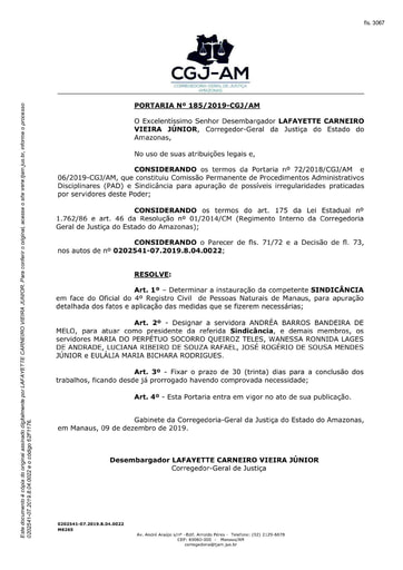 Portaria nº185/2019-CGJ/AM (Instaura Sindicância - Processo nº 0202541-07.2019.8.04.0022)