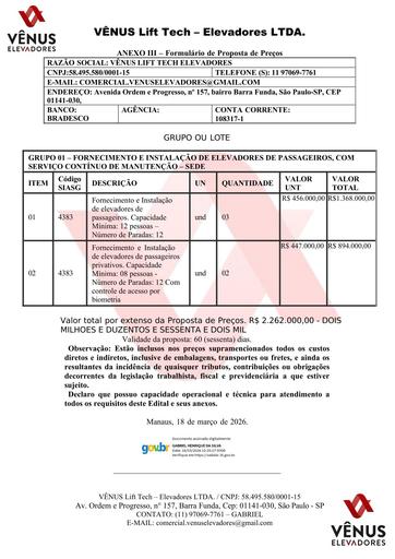 PREGÃO ELETRÔNICO Nº 024/2026 - PROPOSTA - VENUS LIFT TECH ELEVADORES LTDA