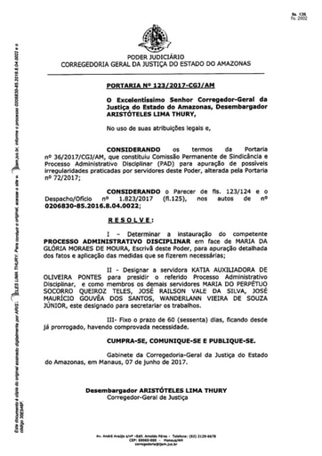 Portaria nº123/2017-CGJ/AM (Instaura Procedimento Administrativo Disciplinar - PAD; Processo nº 0206830-85.2016.8.04.0022)