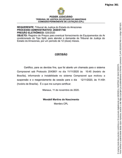 PREGÃO ELETRÔNICO Nº 026/2020 - CERTIDÃO - INSTABILIDADE NO SISTEMA COMPRASNET