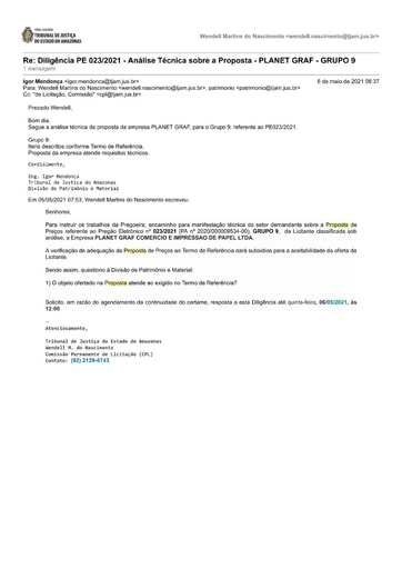 PREGÃO ELETRÔNICO Nº 023/2021 – DILIGÊNCIA CPL À DIVISÃO DE PATRIMÔNIO - PROPOSTA - PLANET GRAF - GRUPO 9