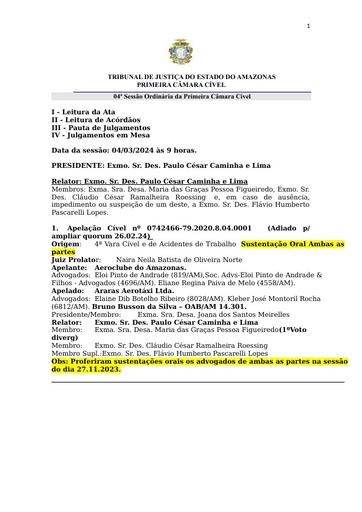 PAUTA DE JULGAMENTO  DA 1ª.CÂMARA  CÍVEL DE 04.03.2024