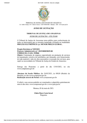 PREGÃO ELETRÔNICO Nº 025/2021 - AVISO DE LICITAÇÃO