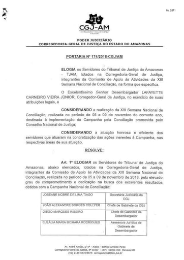 Portaria nº174/2018-CGJ/AM (Elogiar os servidores integrantes da Comissão de Apoio às atividades da XIII Semana Nacional de Conciliação)