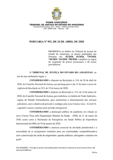 Prazo de 24 horas para requerer sustentação oral, conforme Portaria 951/2020