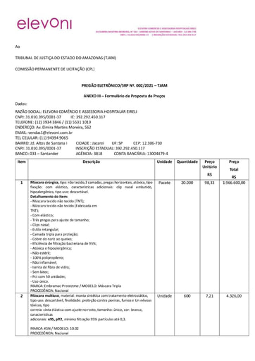 PREGÃO ELETRÔNICO Nº 002/2021 – PROPOSTA - ITEM 2 - ELEVONI
