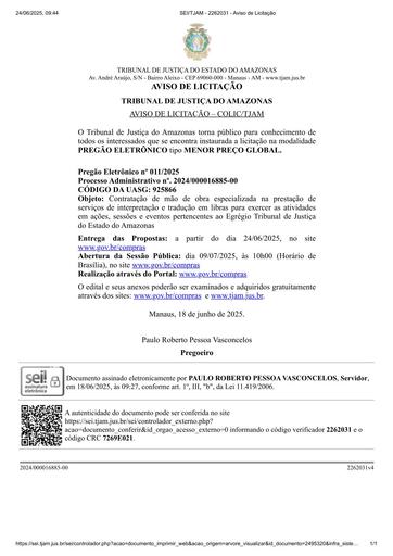 PREGÃO ELETRÔNICO Nº 011/2025 - AVISO DE LICITAÇÃO