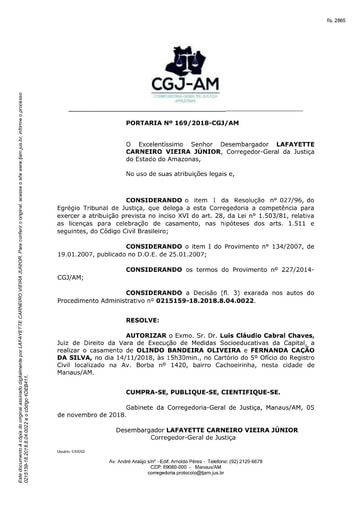 Portaria nº169/2018-CGJ/AM (Autoriza o Dr. Luis Claudio Cabral Chaves a realizar o casamento no dia 14/11/2018)