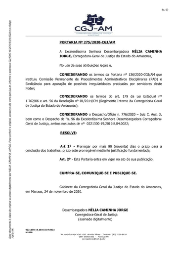Portaria nº 275/2020-CGJ/AM (Prorrogar por mais 90 (noventa) dias o prazo para a conclusão dos trabalhos, prazo este prorrogável mediante justificação fundamentada)