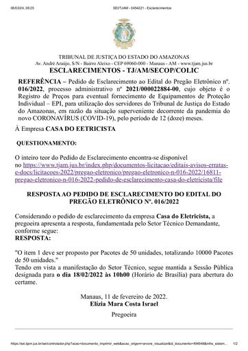 PREGÃO ELETRÔNICO Nº 016/2022 - RESPOSTA AO PEDIDO DE ESCLARECIMENTO - CASA DO ELETRICISTA