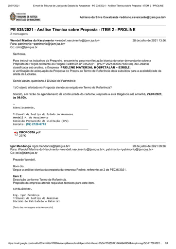 PREGÃO ELETRÔNICO Nº 035/2021 – DILIGÊNCIA CPL À DIVISÃO DE PATRIMÔNIO - PROPOSTA ITEM 2 - PROLINE