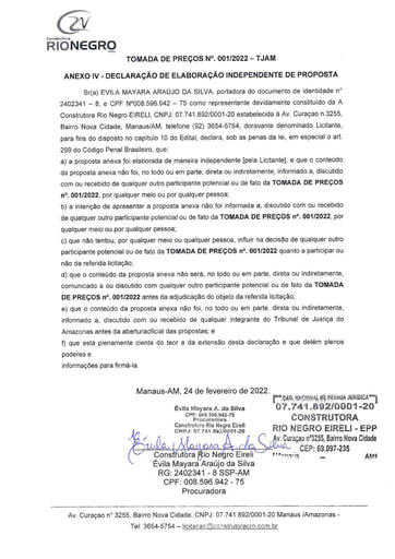 TOMADA DE PREÇOS N° 001/2022 - DECLARAÇÕES - CONSTRUTORA RIO NEGRO