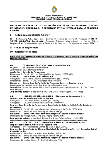 PAUTA DE JULGAMENTO DO DIA 18 05 2022