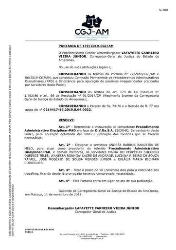 Portaria nº179/2019-CGJ/AM (Instaura Procedimento Administrativo Disciplinar - PAD; Processo nº 0214417-56.2019.8.04.0022)