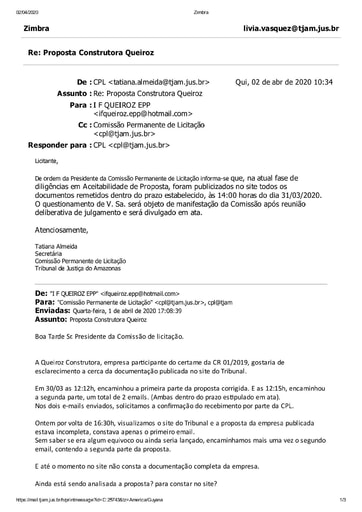 CONCORRÊNCIA Nº 001/2019 – E-MAIL - QUEIROZ CONSTRUTORA