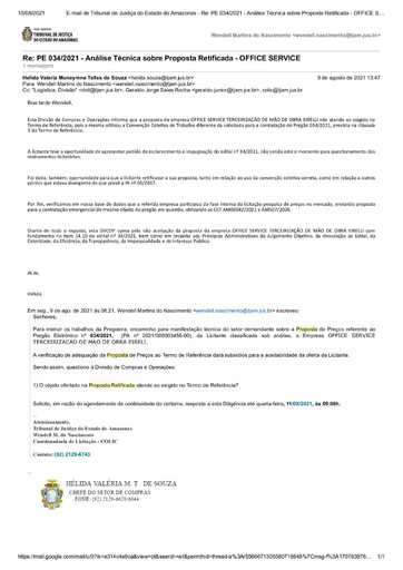 PREGÃO ELETRÔNICO Nº 034/2021 – DILIGÊNCIA CPL À DIVISÃO DE COMPRAS - PROPOSTA RETIFICADA - OFFICE SERVICE