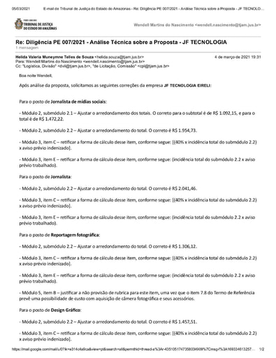 PREGÃO ELETRÔNICO Nº 007/2021 – DILIGÊNCIA CPL Á DIVISÃO INFRAESTRUTURA E LOGÍSTICA - PROPOSTA - JF TECNOLOGIA