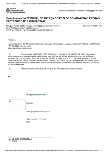 PREGÃO ELETRÔNICO Nº 036/2022 - PEDIDO DE ESCLARECIMENTO - GREEN CARD