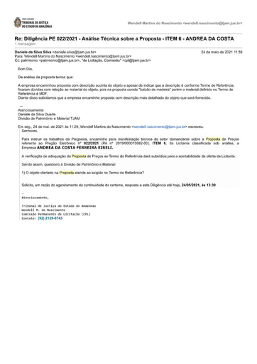 PREGÃO ELETRÔNICO Nº 022/2021 – DILIGÊNCIA CPL À DIVISÃO DE PATRIMÔNIO - PROPOSTA - ITEM 6 - ANDREA DA COSTA