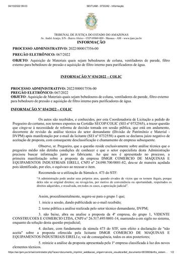 PREGÃO ELETRÔNICO Nº 067/2022 - INFORMAÇÃO COLIC ACERCA DO PEDIDO DE REVISÃO - DMGR
