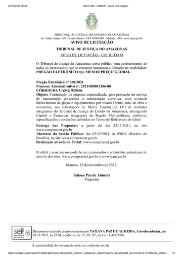 PREGÃO ELETRÔNICO Nº 60/2021 - AVISO DE LICITAÇÃO