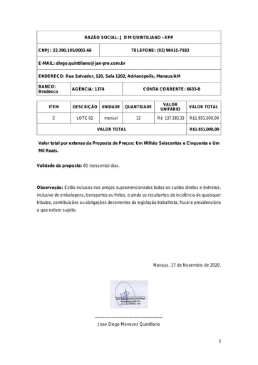 PREGÃO ELETRÔNICO Nº 027/2020 - PROPOSTA ITEM 2 - J D M