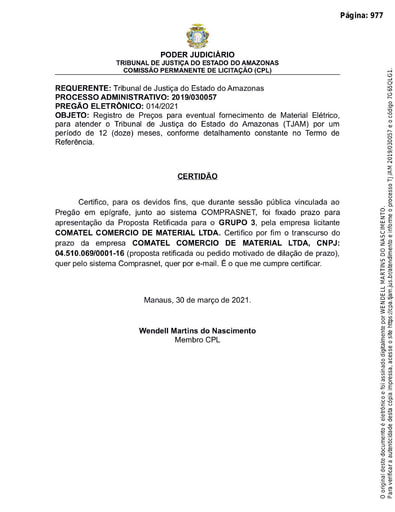 PREGÃO ELETRÔNICO Nº 014/2021 - CERTIDÃO - DECURSO DE PRAZO - GRUPO 3 - COMATEL