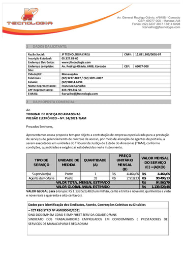 PREGÃO ELETRÔNICO Nº 034/2021 – PROPOSTA RETIFICADA 2 - JF TECNOLOGIA