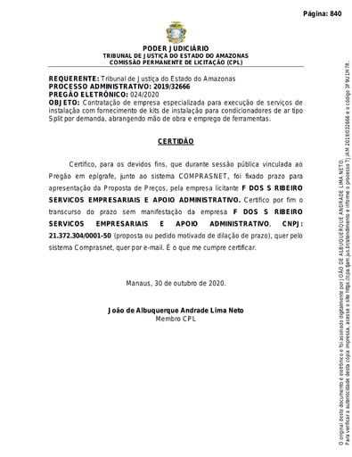 PREGÃO ELETRÔNICO Nº 024/2020 - CERTIDÃO DECURSO DE PRAZO - F DOS S RIBEIRO