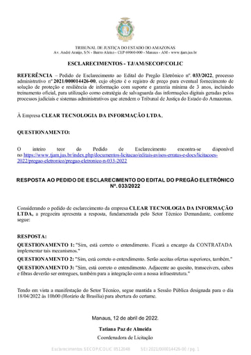 PREGÃO ELETRÔNICO N° 033/2022 - RESPOSTA AO PEDIDO DE ESCLARECIMENTO - CLEAR TECNOLOGIA