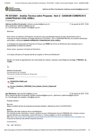 PREGÃO ELETRÔNICO Nº 037/2021 – DILIGÊNCIA CPL À DIVISÃO DE PATRIMÔNIO - PROPOSTA - ITEM 2 - GASKAM