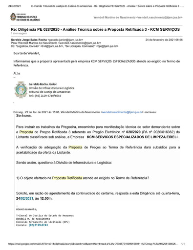 PREGÃO ELETRÔNICO Nº 028/2020 - DILIGÊNCIA CPL À DIVISÃO DE INFRAESTRUTURA E LOGÍSTICA - PROPOSTA RETIFICADA 3 - KCM SERVIÇOS