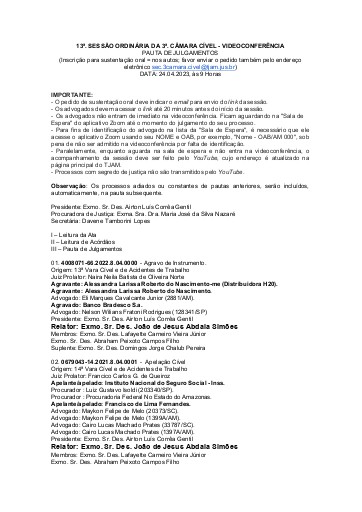 13a Sessão Ordinária da Terceira Câmara Cível - VIA VIDEOCONFERÊNCIA - Data: 24.04.2023 Hora: 09:00 Horas