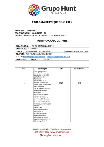 PREGÃO ELETRÔNICO Nº 48/2021 - PROPOSTA - J T B