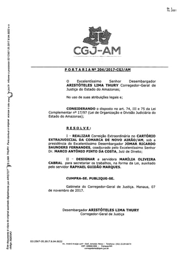 Portaria nº204/2017-CGJ/AM (Realiza Correição Extraordinária no Cartório Extrajudicial da Comarca de Novo Airão/AM)