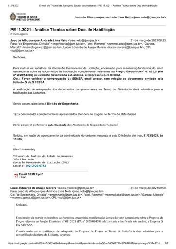 PREGÃO ELETRÔNICO Nº 011/2021 - DILIGÊNCIA CPL À DIVISÃO DE ENGENHARIA - AUTENTICIDADES DA NFS-E  - G DA S BESSA