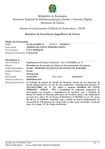 PREGÃO ELETRÔNICO Nº 011/2021 -  IMPEDIMENTO - ANDREA DA COSTA