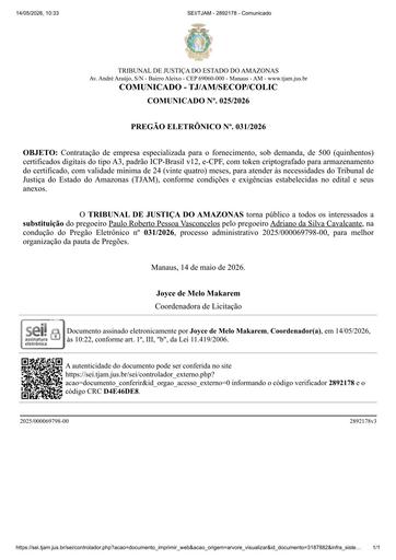PREGÃO ELETRÔNICO Nº 031/2026 - COMUNICADO Nº. 025/2026 - SUBSTITUIÇÃO DO PREGOEIRO