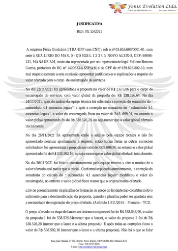 PREGÃO ELETRÔNICO Nº 55/2021 - JUSTIFICATIVA - FÊNIX