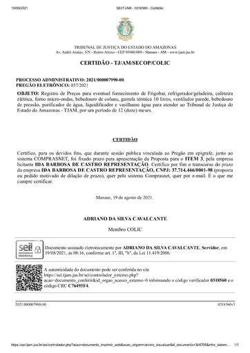 PREGÃO ELETRÔNICO Nº 037/2021 - CERTIDÃO DECURSO DE PRAZO - ITEM 3 - IDA
