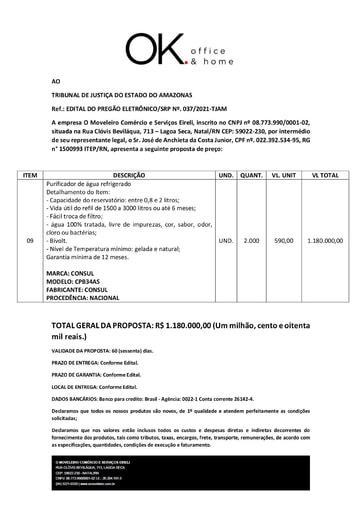 PREGÃO ELETRÔNICO Nº 037/2021 - PROPOSTA  - ITEM 9 - O MOVELEIRO