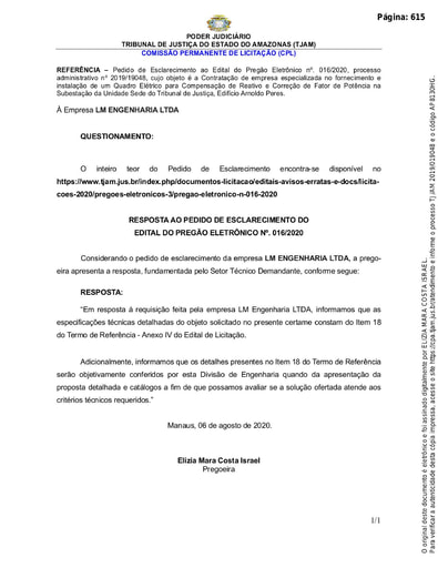 PREGÃO ELETRÔNICO Nº 016/2020 - RESPOSTA AO PEDIDO DE ESCLARECIMENTO - LM ENGENHARIA LTDA