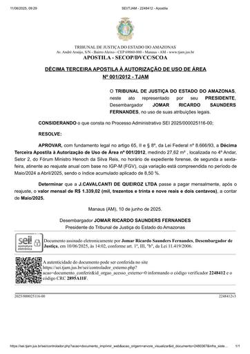13ª APOSTILA A AUTORIZAÇÃO DE USO DE ÁREA Nº 001.2012 -TJAM x J. CAVALCANTI DE QUEIROZ LTDA (LIVRARIA DE QUEIROZ).pdf