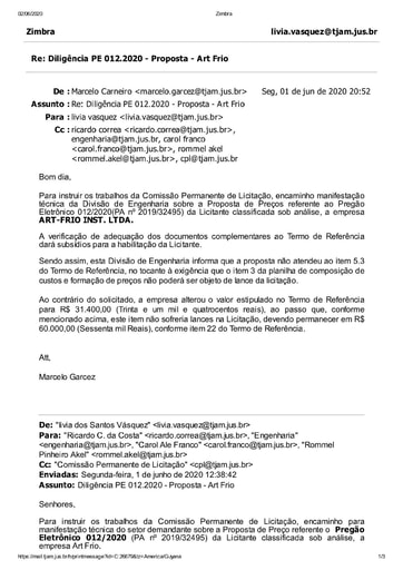 PREGÃO ELETRÔNICO N° 012/2020 – DILIGÊNCIA CPL À DIVISÃO DE ENGENHARIA - PROPOSTA - ART FRIO