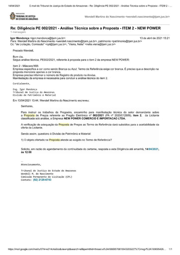 PREGÃO ELETRÔNICO Nº 002/2021 – DILIGÊNCIA CPL À DIVISÃO DE PATRIMÔNIO E MATERIAL - PROPOSTA  -  ITEM 2 - NEW POWER