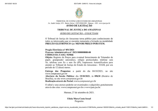 PREGÃO ELETRÔNICO Nº 51/2021 - AVISO DE LICITAÇÃO
