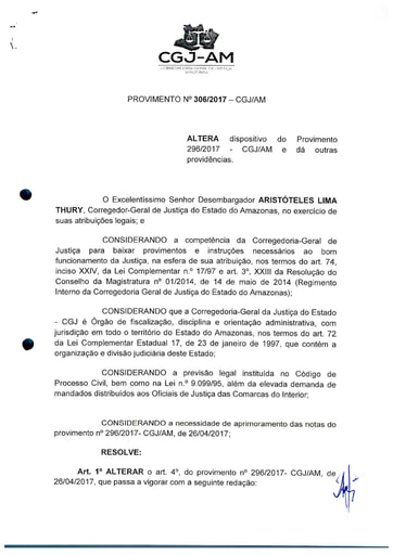 PROVIMENTO 306 - Altera dispositivo do Provimento nº 296/2017-CGJ/AM e dá outras providências
