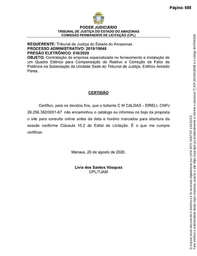 PREGÃO ELETRÔNICO Nº 016/2020 - CERTIDÃO - C M CALDAS