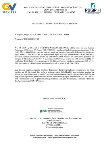 PREGÃO ELETRÔNICO Nº 020/2026 - DOCUMENTAÇÃO COMPLEMENTAR - G V SERVICOS DE CONSTRUCAO E CONSERVACAO LTDA - LOTE 1