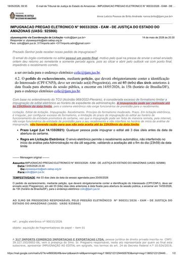 PREGÃO ELETRÔNICO Nº 033/2026 - PEDIDO DE IMPUGNAÇÃO - 317 IMPORTS COMERCIO IMPORTACAO E EXPORTACAO LTDA